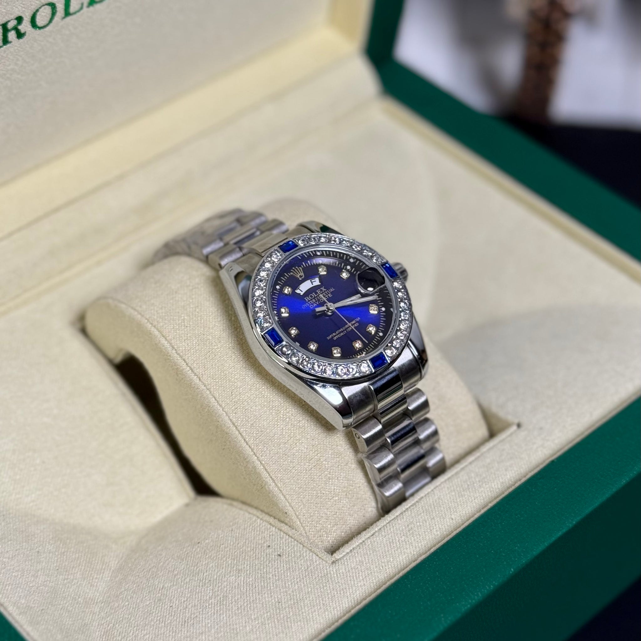 Wristive Female RLX Royal Blue Crystal Bezel Day-Date Watch – Silver Jubilee Bracelet
