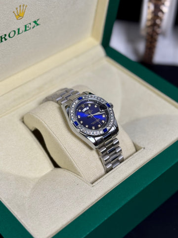 Wristive Female RLX Royal Blue Crystal Bezel Day-Date Watch – Silver Jubilee Bracelet