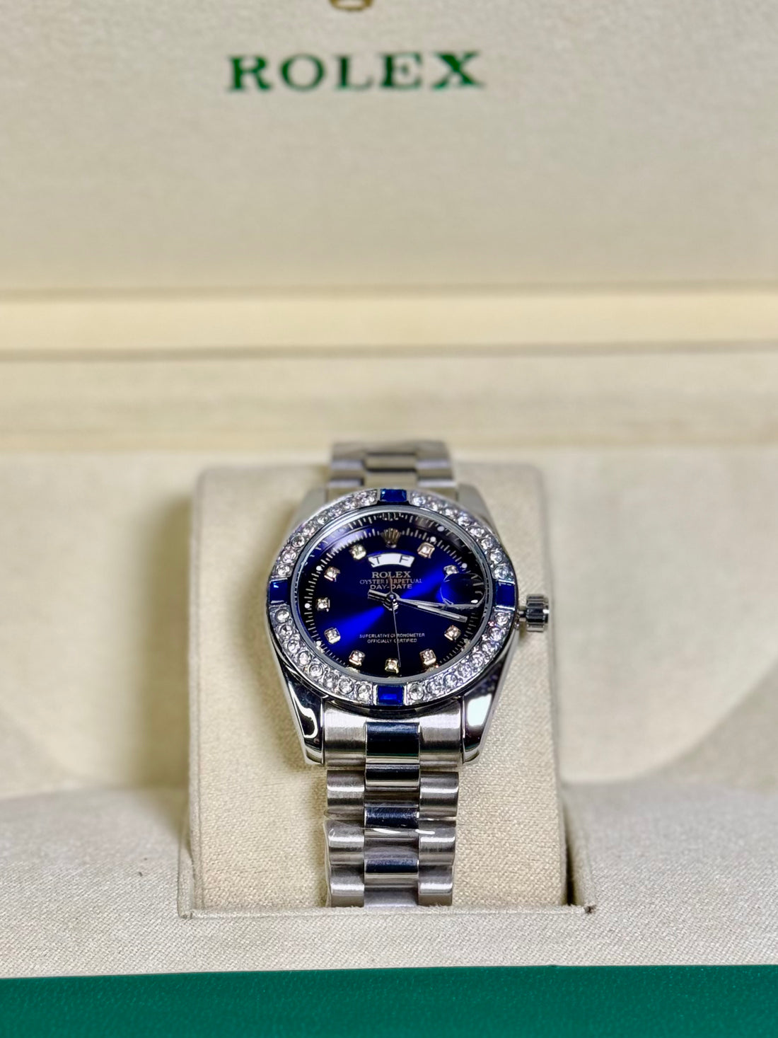 Wristive Female RLX Royal Blue Crystal Bezel Day-Date Watch – Silver Jubilee Bracelet