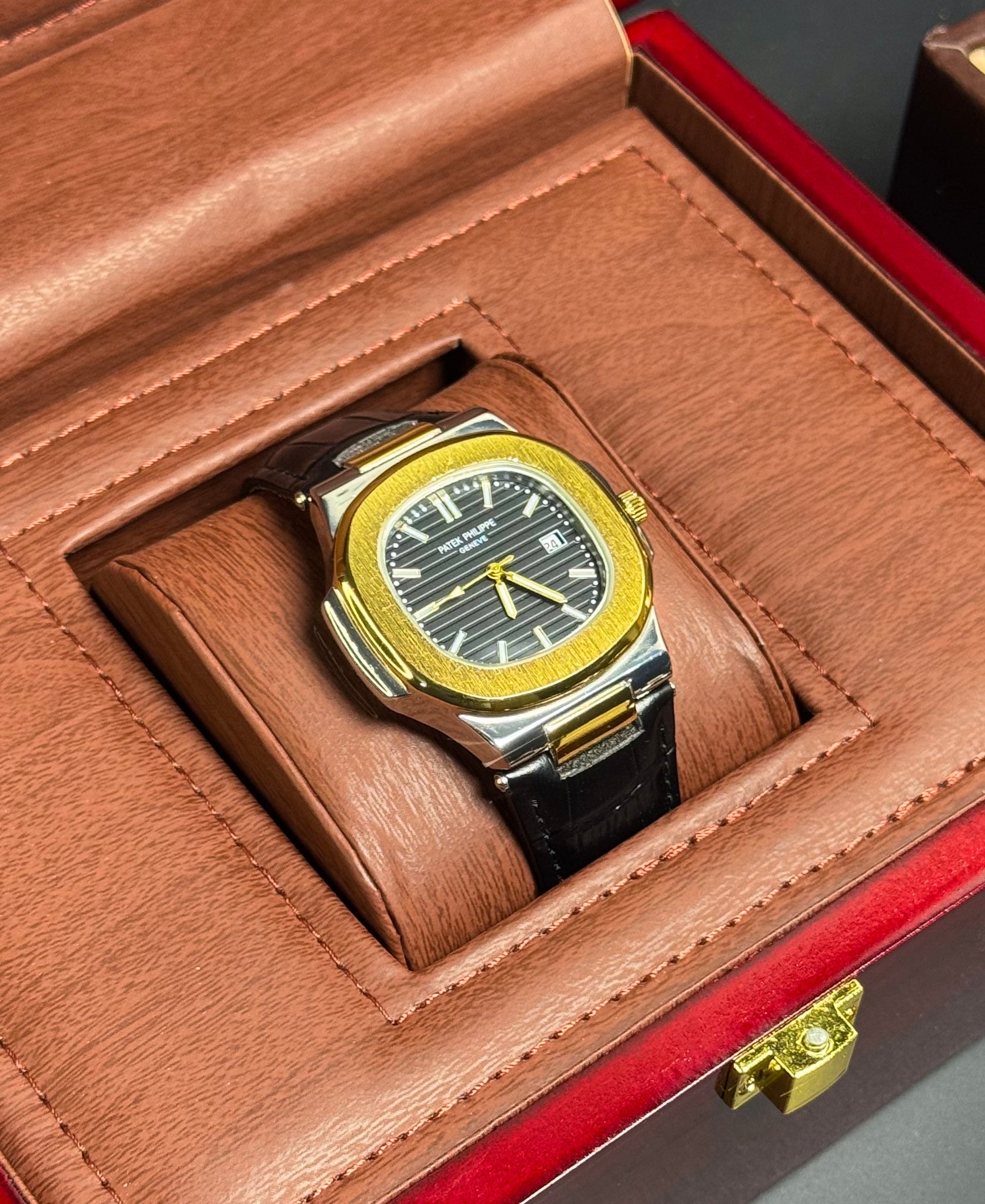 Wristive Patek Nautilus Lather Strap Two-Tone Gold & Silver Black Dial with Date