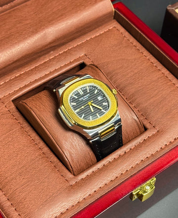 Wristive Patek Nautilus Lather Strap Two-Tone Gold & Silver Black Dial with Date