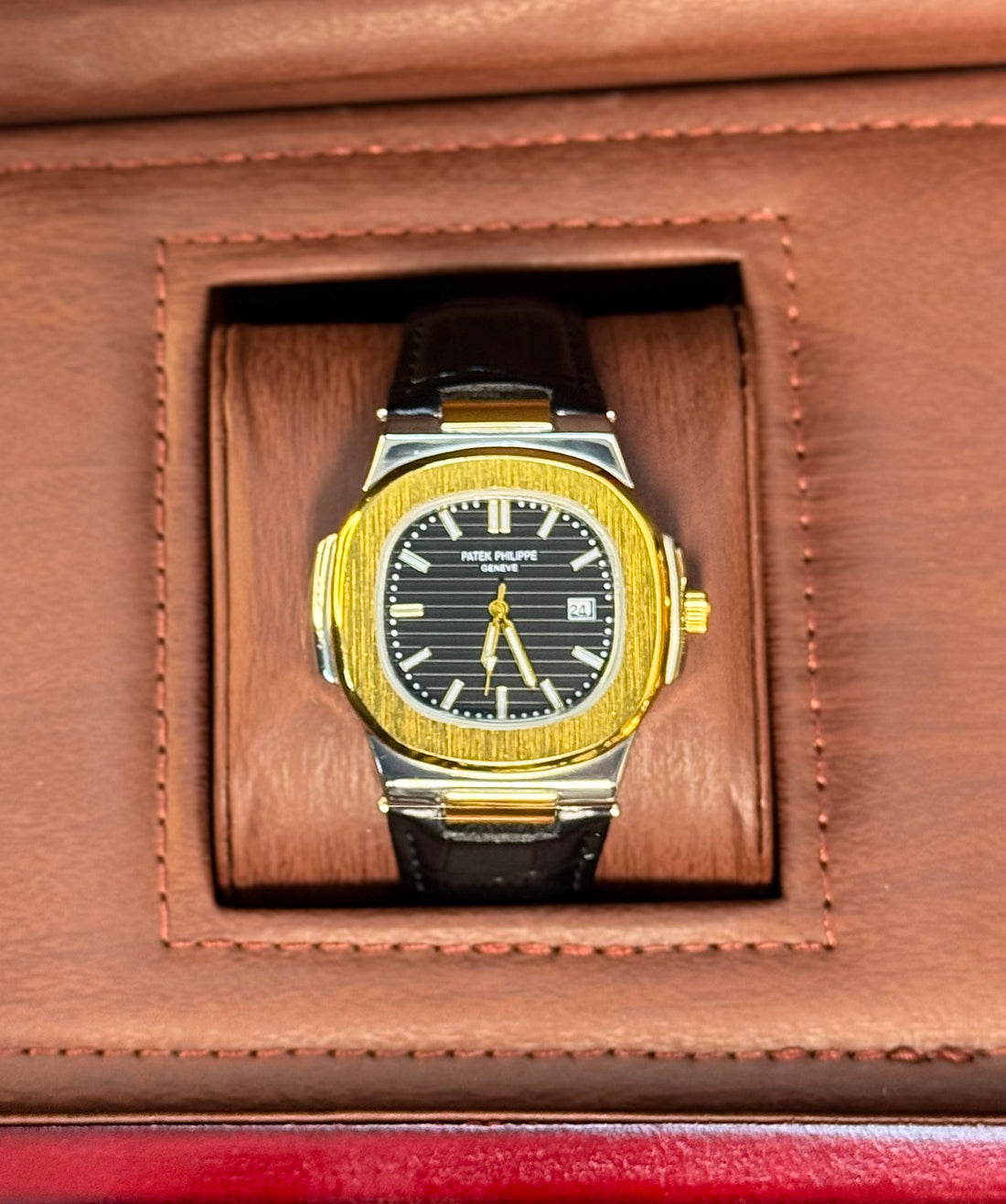 Wristive Patek Nautilus Lather Strap Two-Tone Gold & Silver Black Dial with Date