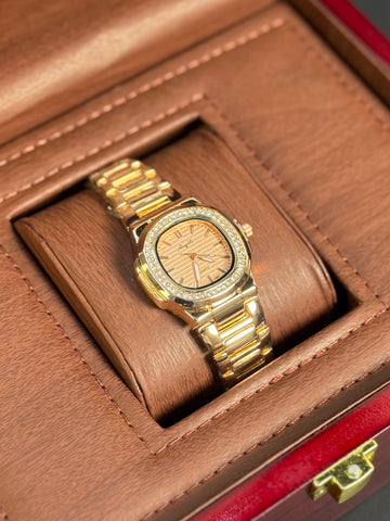 Wristive Female Patek Nautilus-Inspired Rose Dial, Golden Bracelet with Crystal Bezel