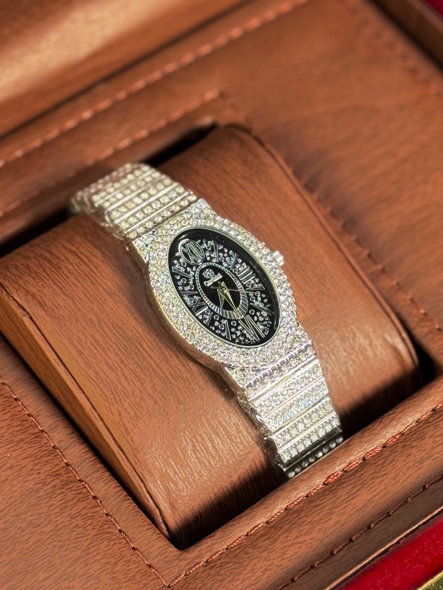 Wristive Female Cartier-Inspired Baignoire Oval Full Iced Floral Dial | Roman Luxury