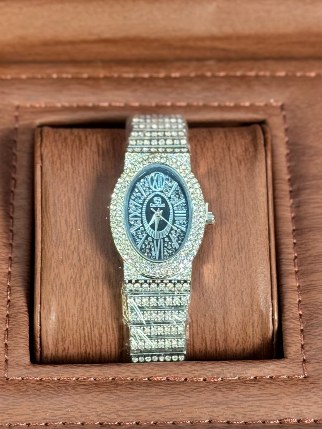 Wristive Female Cartier-Inspired Baignoire Oval Full Iced Floral Dial | Roman Luxury