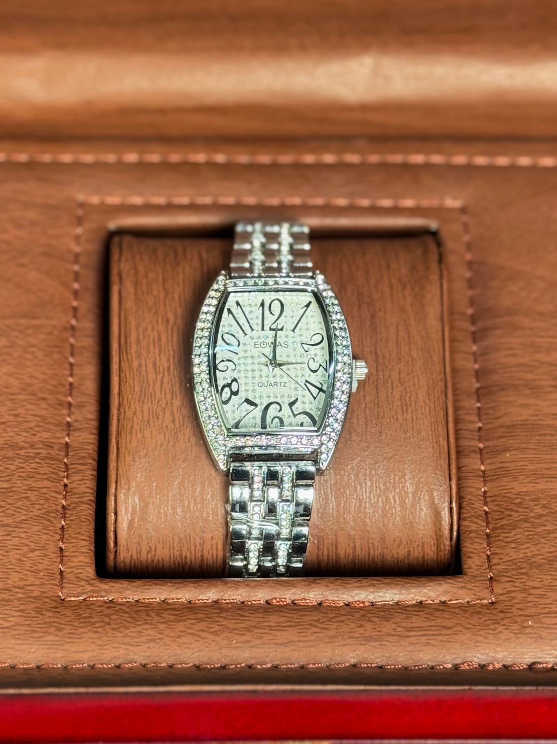 Wristive Female Muller-Inspired Casablanca Curve Crystal Edge Big Numerals Silver Bracelet