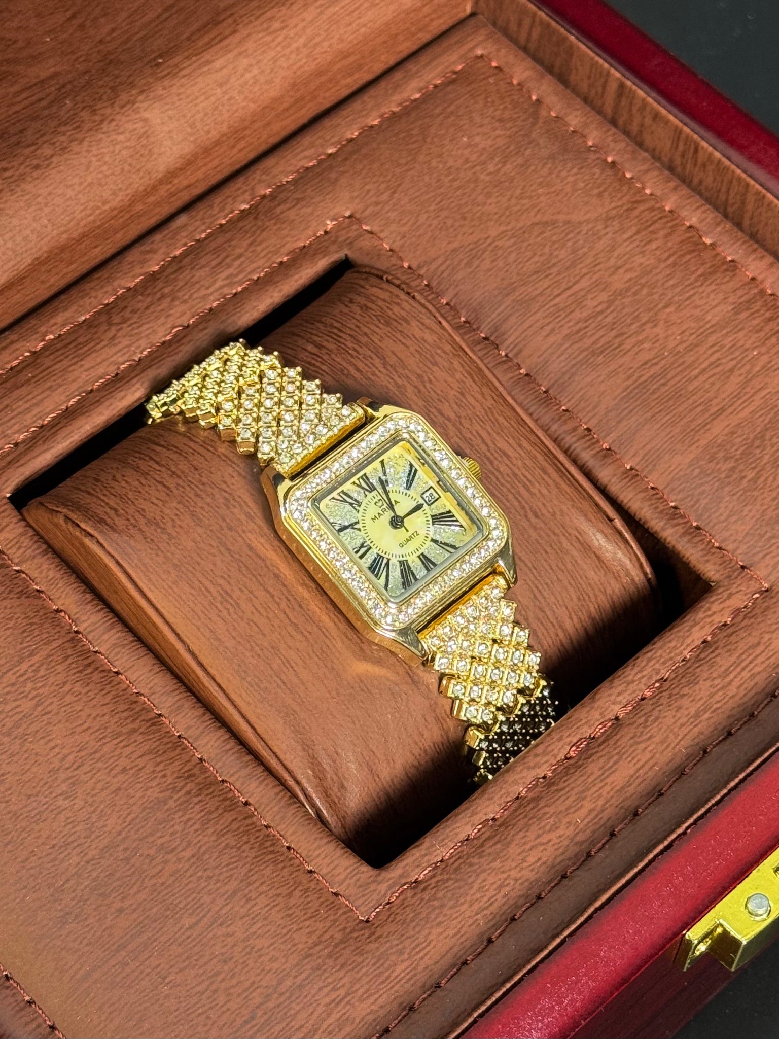 Wristive Female Santos Square Gold Date Display Roman Dial Iced Mesh Strap