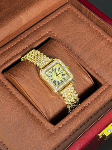 Wristive Female Santos Square Gold Date Display Roman Dial Iced Mesh Strap