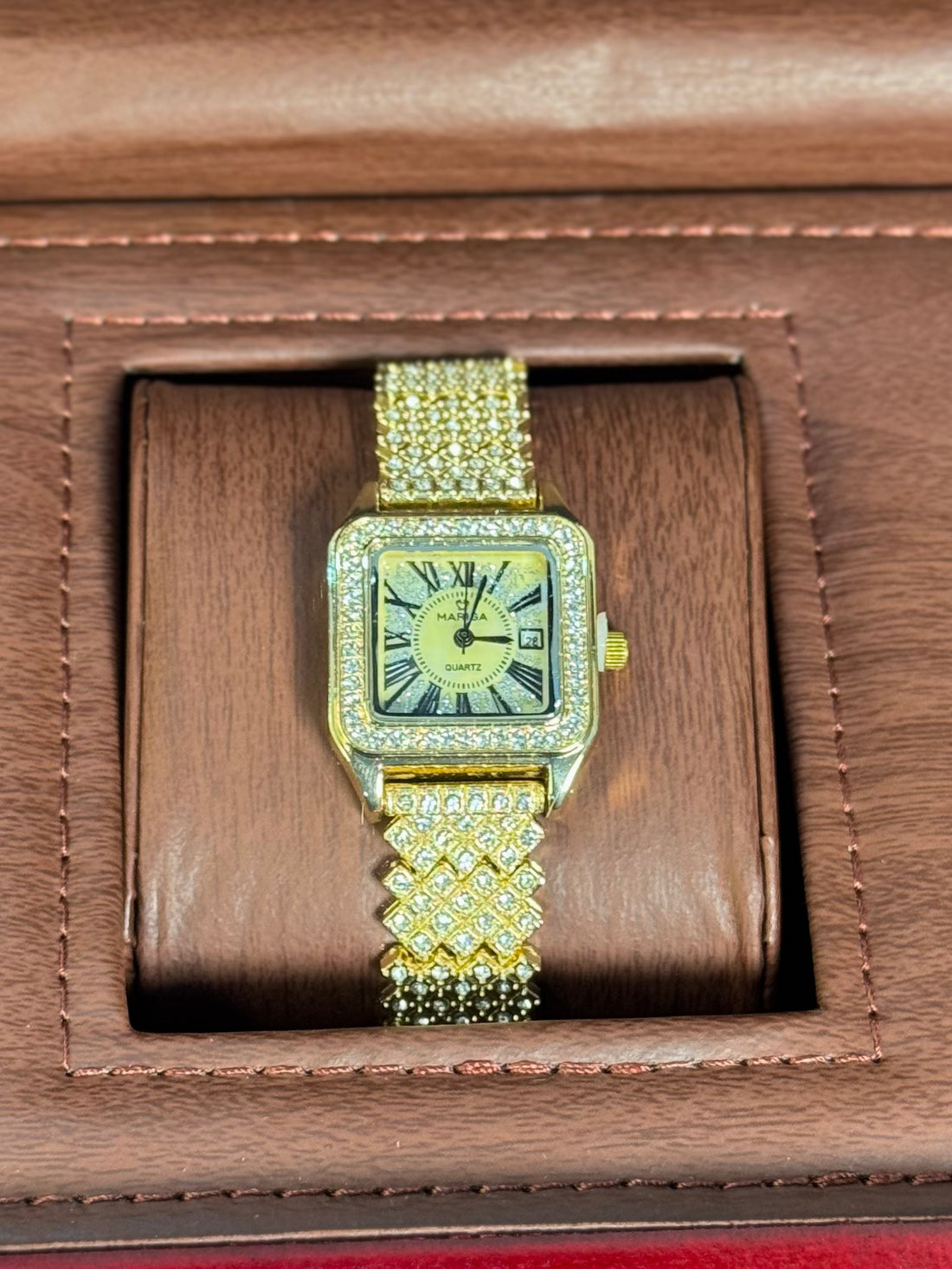 Wristive Female Santos Square Gold Date Display Roman Dial Iced Mesh Strap