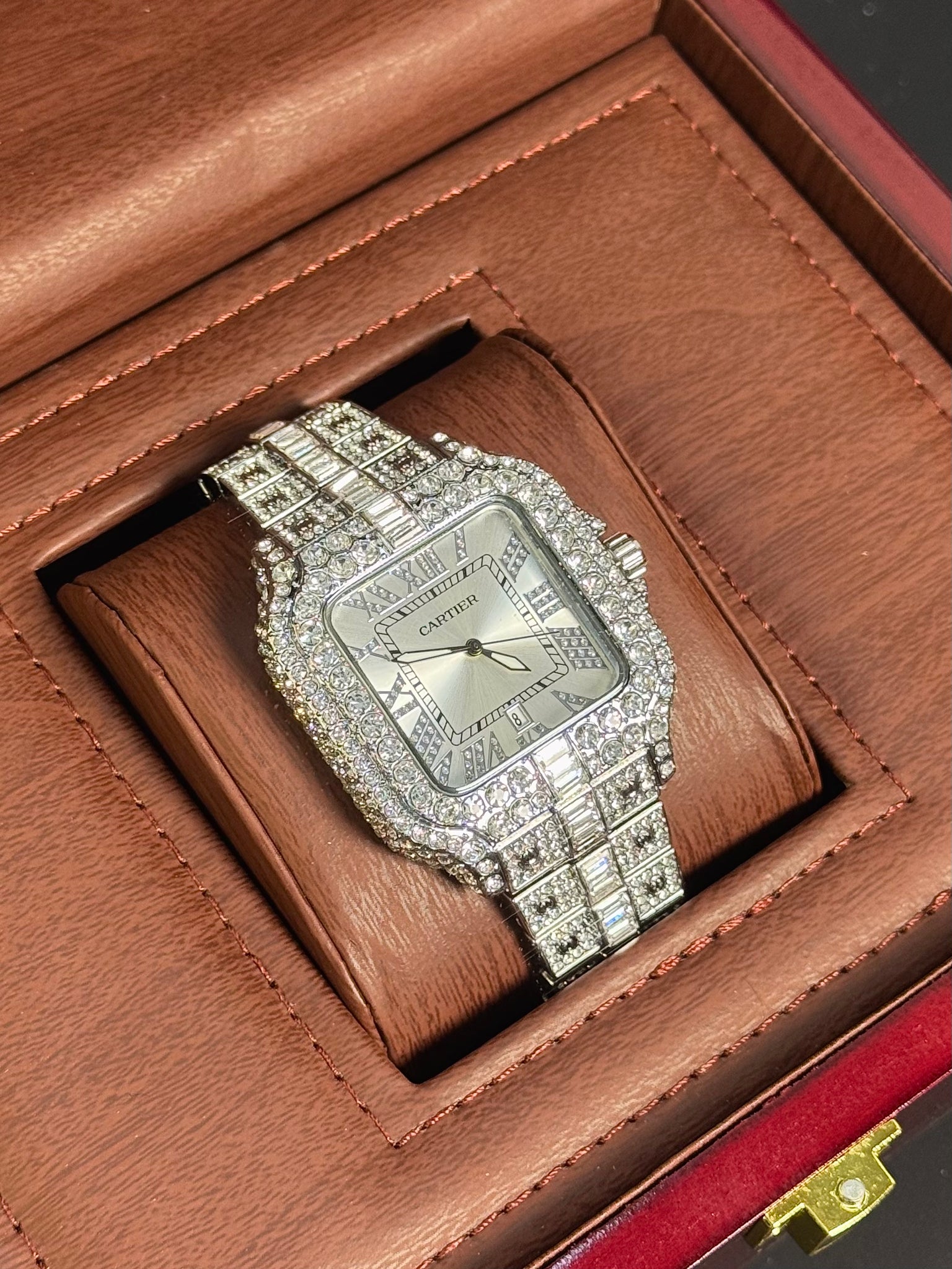 Wristive Fully Iced CRT Santos Pavé Roman Silver Dial with Date Full Iced Bracelet