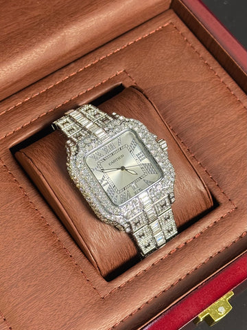Wristive Fully Iced CRT Santos Pavé Roman Silver Dial with Date Full Iced Bracelet