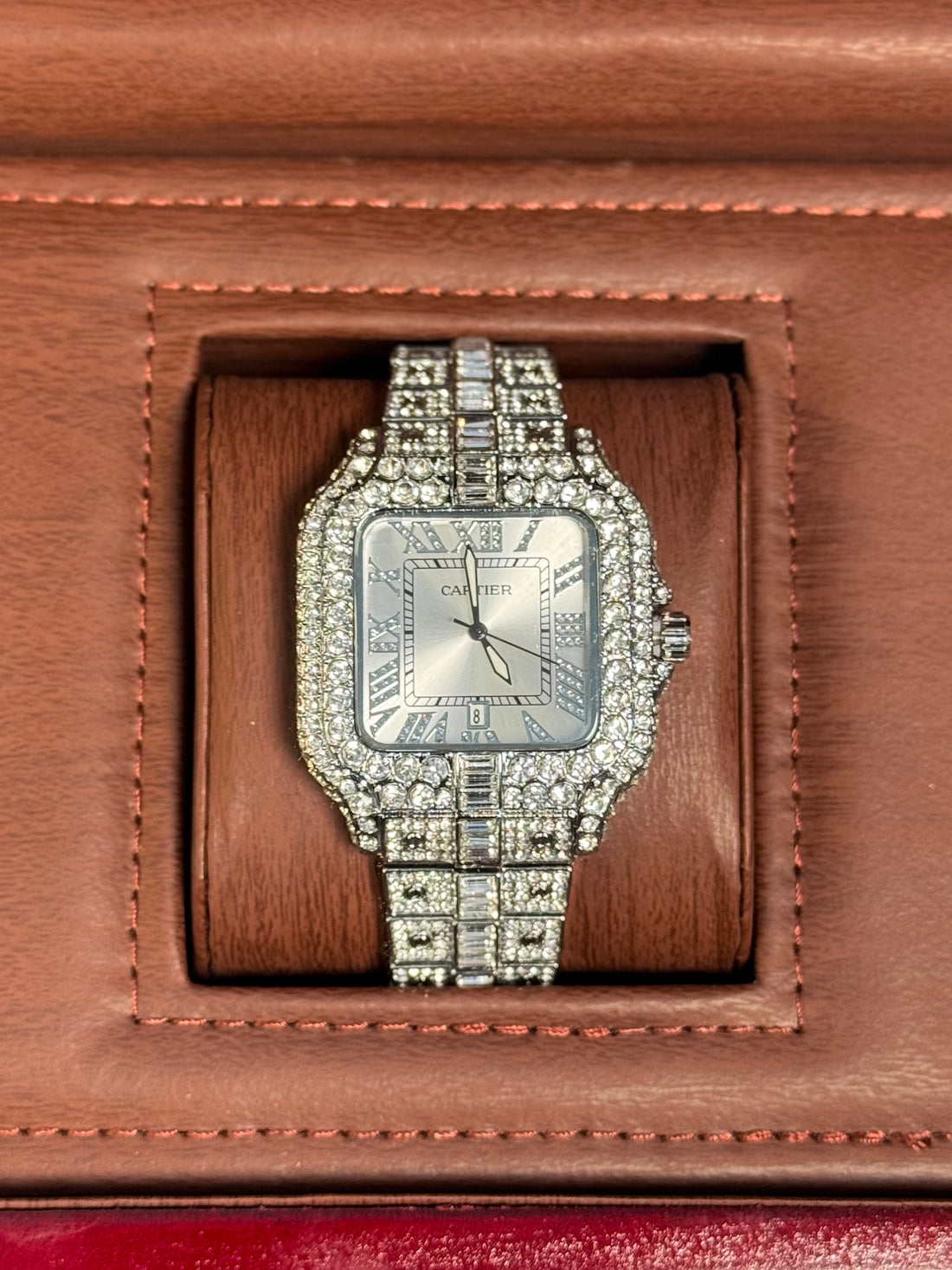 Wristive Fully Iced CRT Santos Pavé Roman Silver Dial with Date Full Iced Bracelet