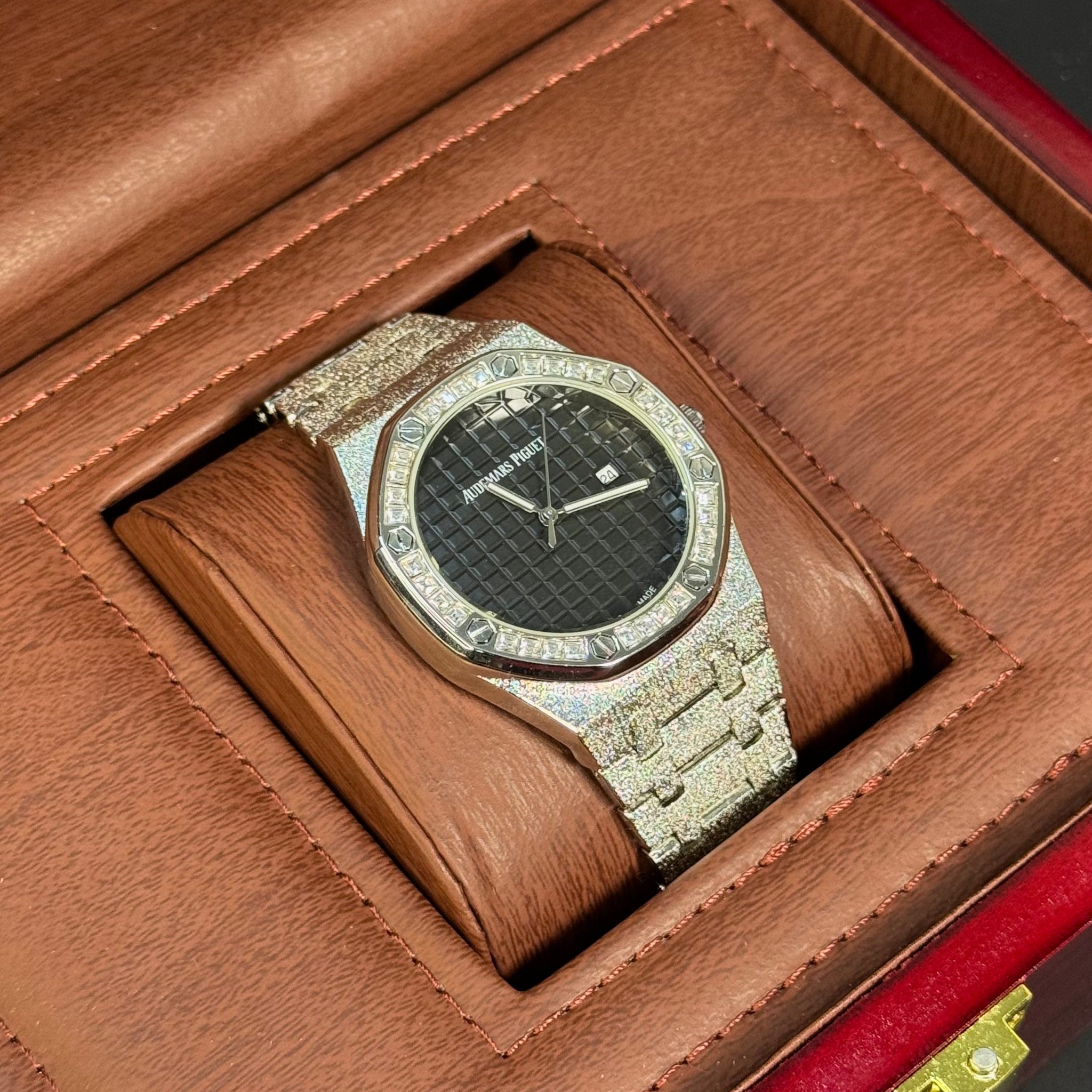 Wristive AP Royal Oak Iced Watch Black Tapisserie Dial with Date Crystal Bezel
