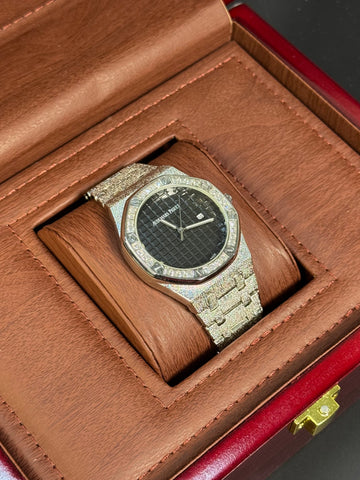 Wristive AP Royal Oak Iced Watch Black Tapisserie Dial with Date Crystal Bezel