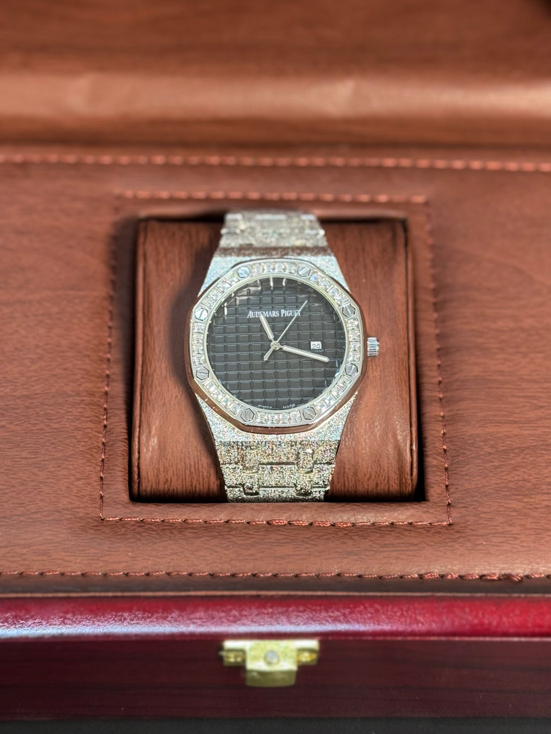 Wristive AP Royal Oak Iced Watch Black Tapisserie Dial with Date Crystal Bezel