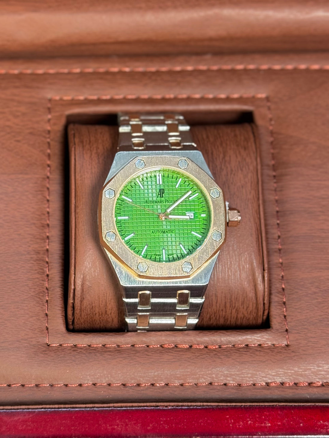 Wristive AP Royal Oak Two-Tone Watch Green Dial with Date Display | Full Logo Engraved Premium Edition