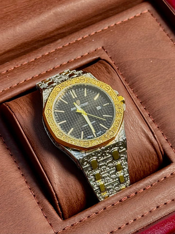 Wristive AP Two-Tone Watch – Arabic Engraved Black Dial with Date | Stainless Steel