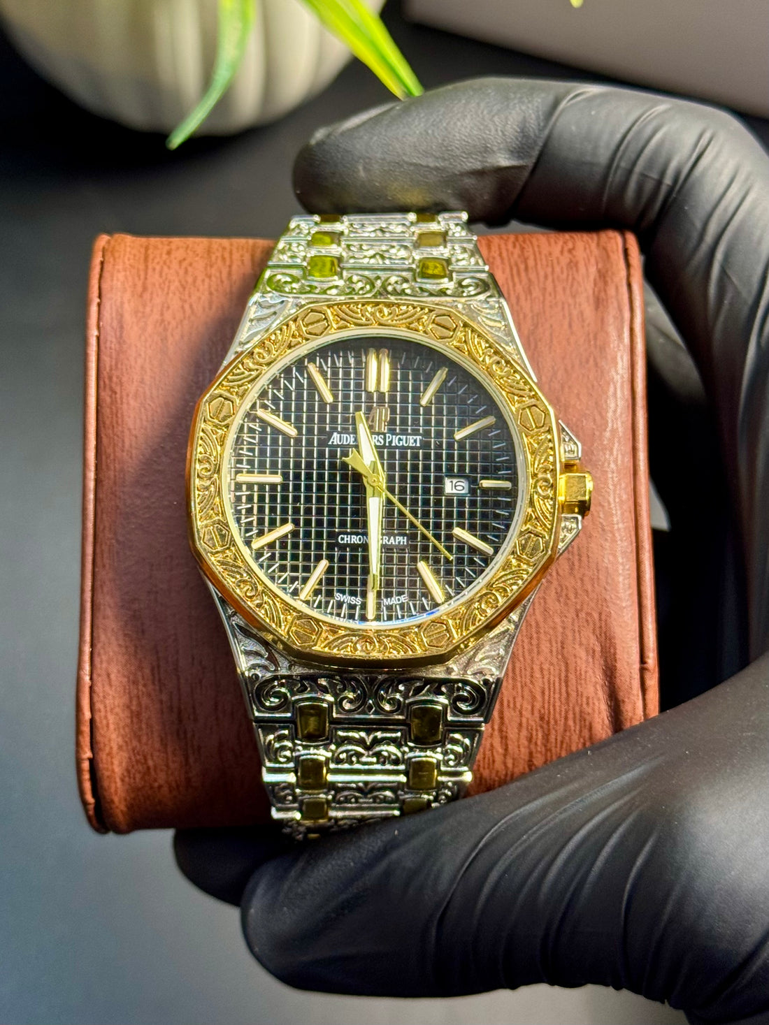 Wristive AP Two-Tone Watch – Arabic Engraved Black Dial with Date | Stainless Steel