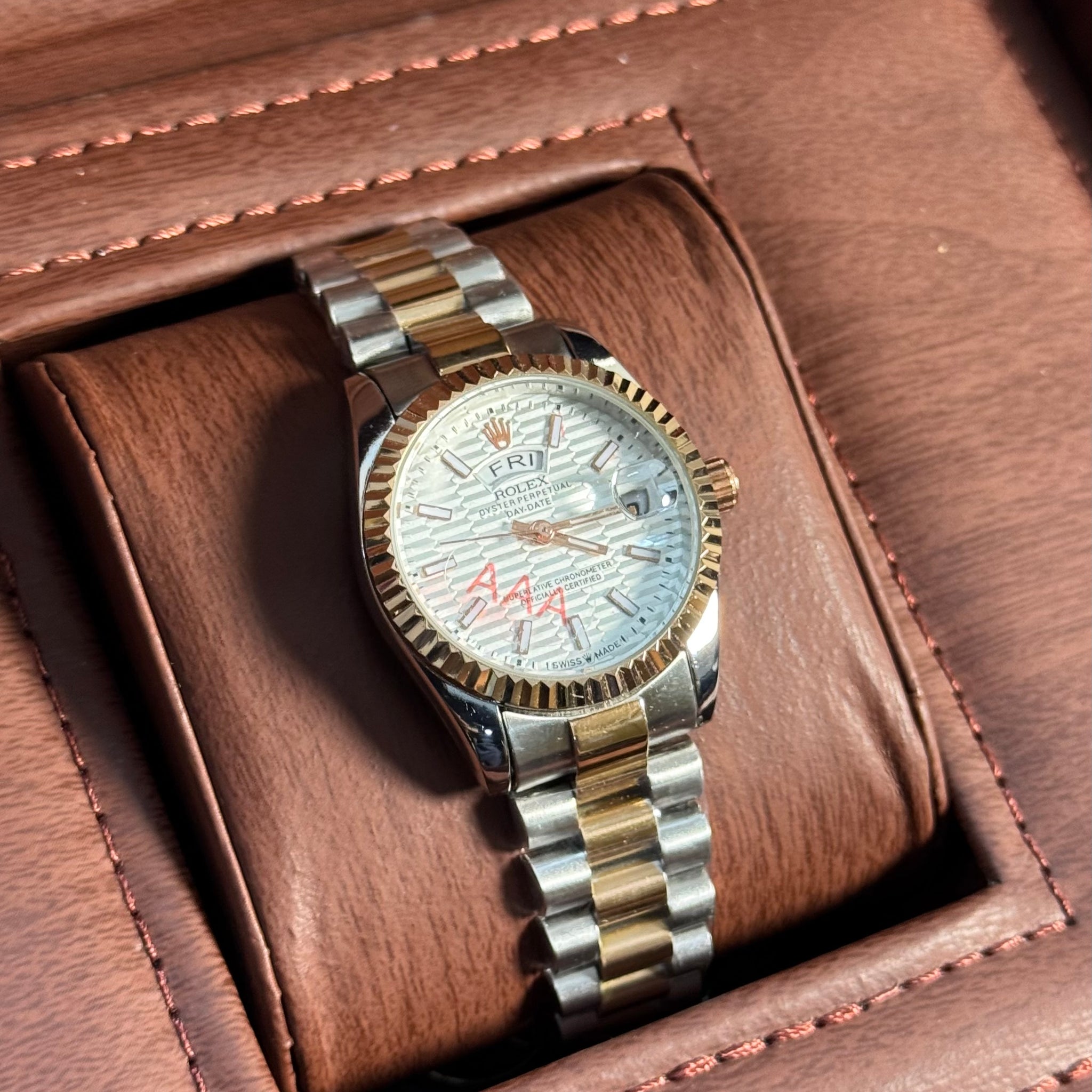 Wristive RLX Women’s Two-Tone Watch Gold & Silver – White Pattern Dial with Day-Date | Stainless Steel