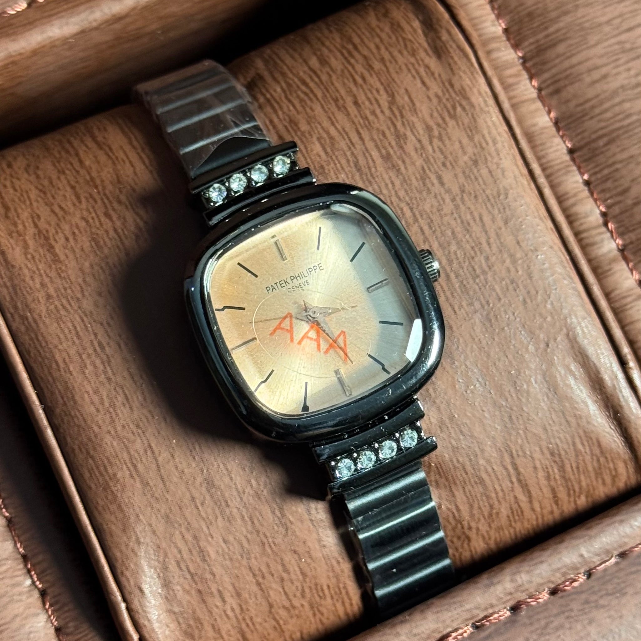 Wristive Square Women’s Jewelry Watch – Black with Bronze Dial