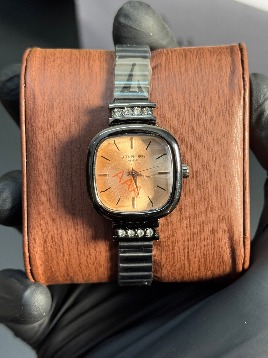 Wristive Square Women’s Jewelry Watch – Black with Bronze Dial