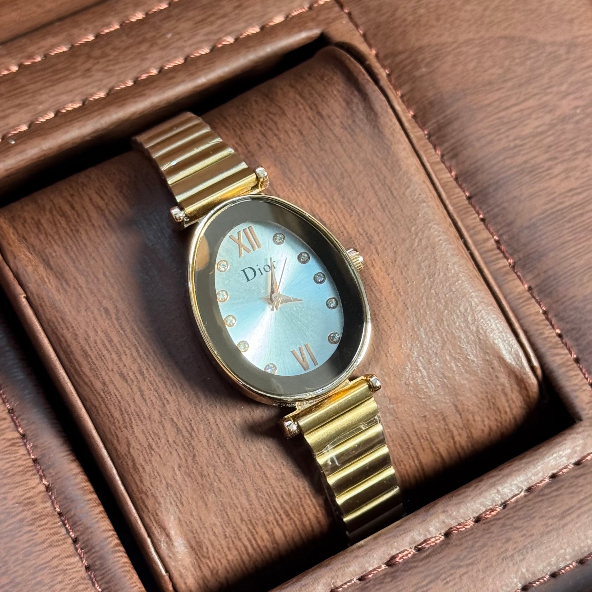 Wristive Oval Women’s Jewelry Watch – Gold Color with White Dial
